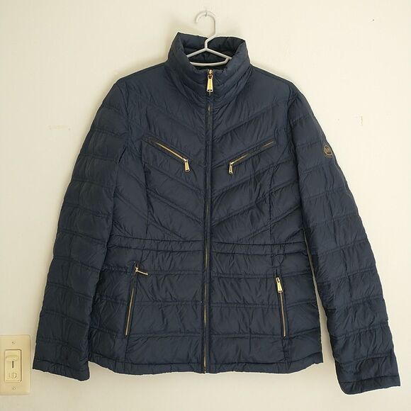 Michael Kors Puffer Jacket Womens S Blue Packable Down Fill Zip Pocket Quilted - Picture 1 of 11